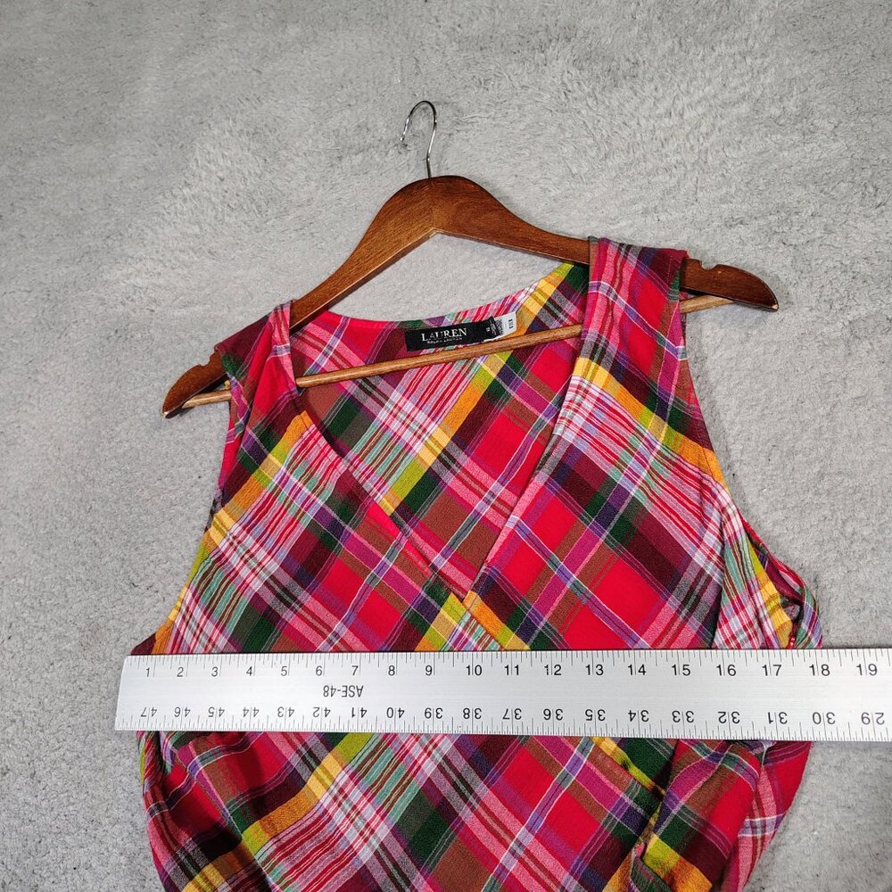 Lauren Ralph Lauren Midi Dress Women's 12 Red Multi Plaid Crinkle Surplice Neck - Picture 4 of 11